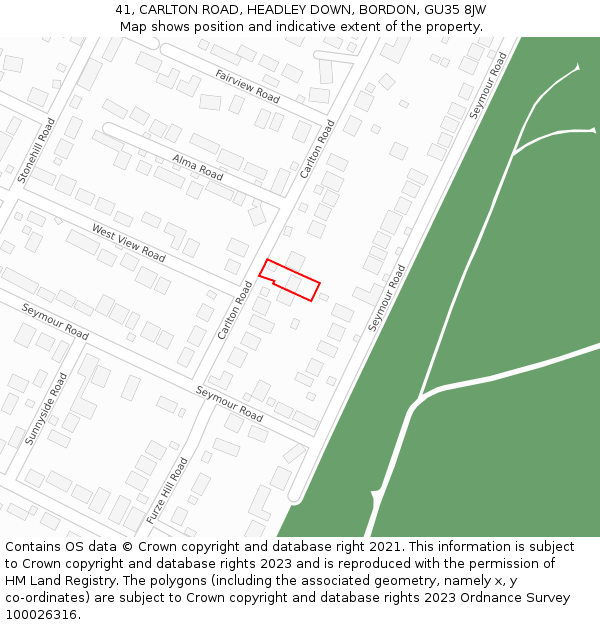 41, CARLTON ROAD, HEADLEY DOWN, BORDON, GU35 8JW: Location map and indicative extent of plot