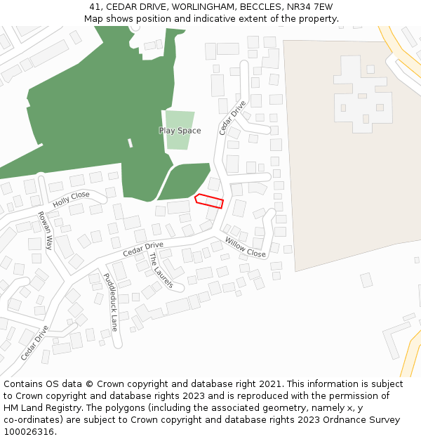 41, CEDAR DRIVE, WORLINGHAM, BECCLES, NR34 7EW: Location map and indicative extent of plot