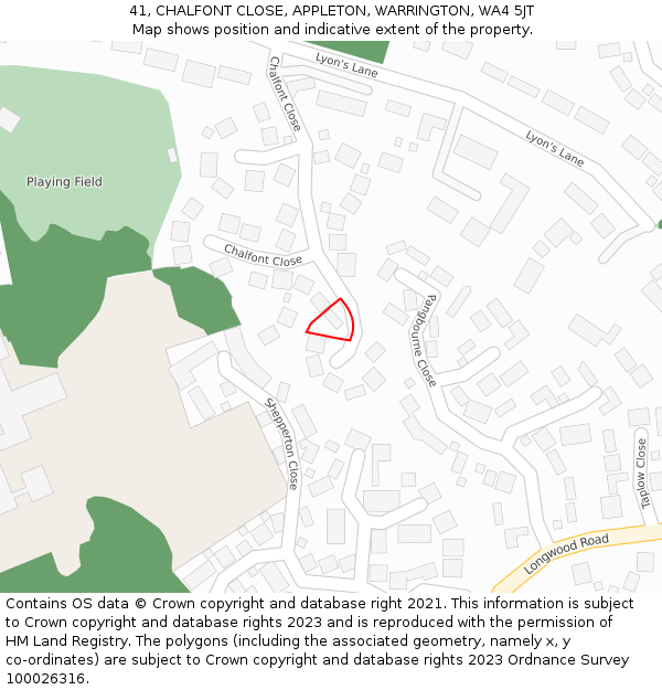 41, CHALFONT CLOSE, APPLETON, WARRINGTON, WA4 5JT: Location map and indicative extent of plot