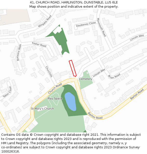 41, CHURCH ROAD, HARLINGTON, DUNSTABLE, LU5 6LE: Location map and indicative extent of plot