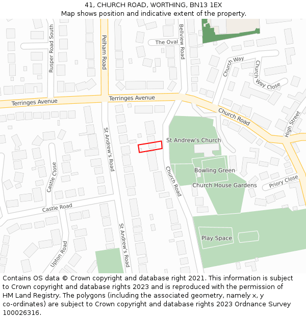 41, CHURCH ROAD, WORTHING, BN13 1EX: Location map and indicative extent of plot