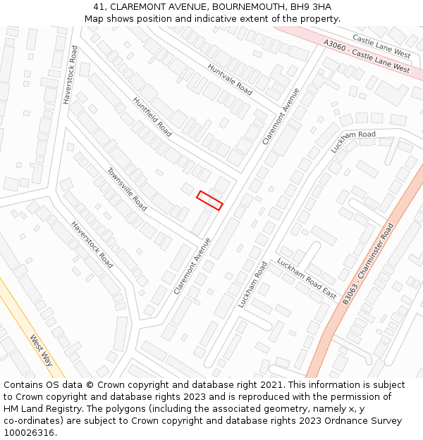 41, CLAREMONT AVENUE, BOURNEMOUTH, BH9 3HA: Location map and indicative extent of plot