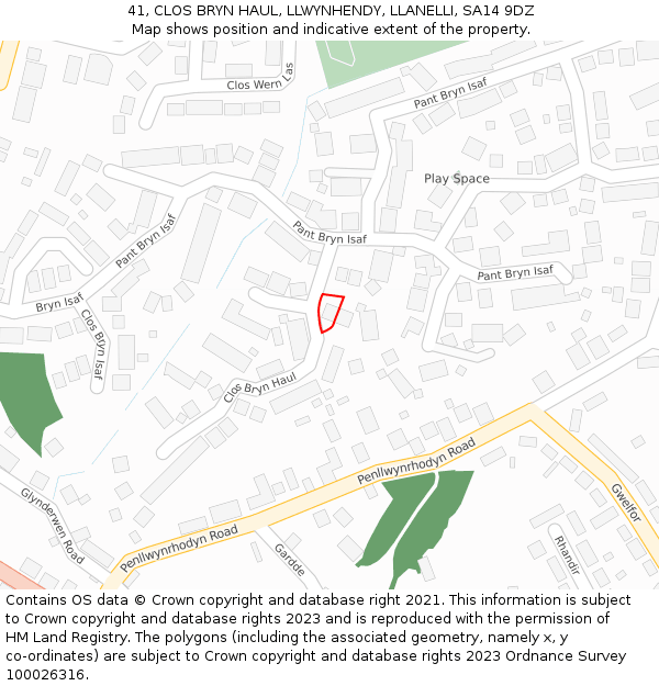 41, CLOS BRYN HAUL, LLWYNHENDY, LLANELLI, SA14 9DZ: Location map and indicative extent of plot