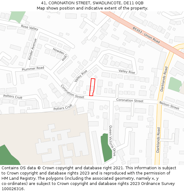 41, CORONATION STREET, SWADLINCOTE, DE11 0QB: Location map and indicative extent of plot