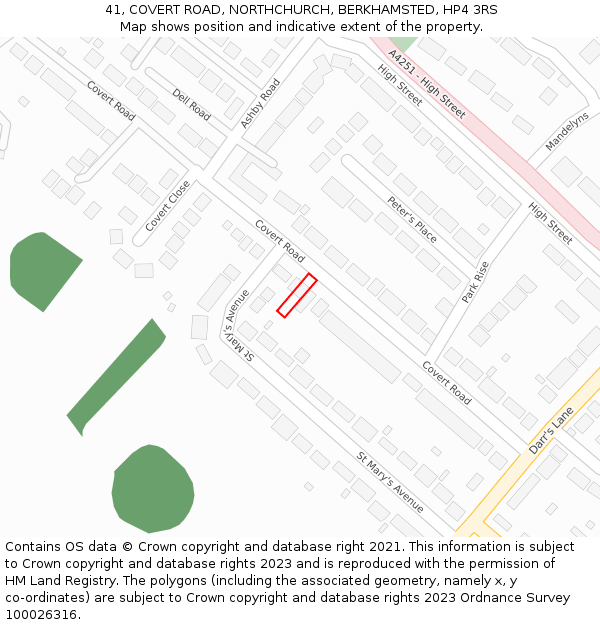 41, COVERT ROAD, NORTHCHURCH, BERKHAMSTED, HP4 3RS: Location map and indicative extent of plot