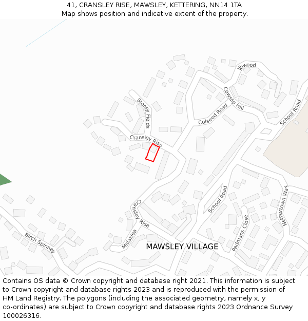 41, CRANSLEY RISE, MAWSLEY, KETTERING, NN14 1TA: Location map and indicative extent of plot