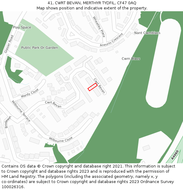 41, CWRT BEVAN, MERTHYR TYDFIL, CF47 0AQ: Location map and indicative extent of plot