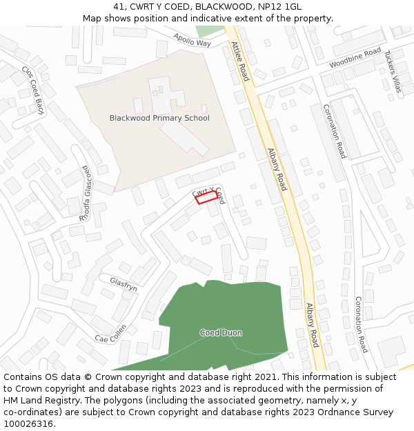 41, CWRT Y COED, BLACKWOOD, NP12 1GL: Location map and indicative extent of plot