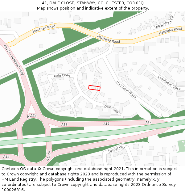 41, DALE CLOSE, STANWAY, COLCHESTER, CO3 0FQ: Location map and indicative extent of plot
