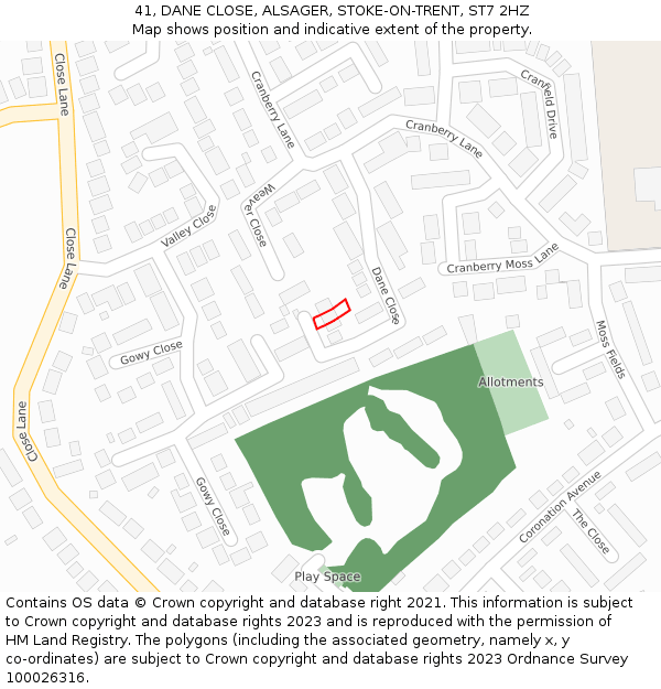 41, DANE CLOSE, ALSAGER, STOKE-ON-TRENT, ST7 2HZ: Location map and indicative extent of plot