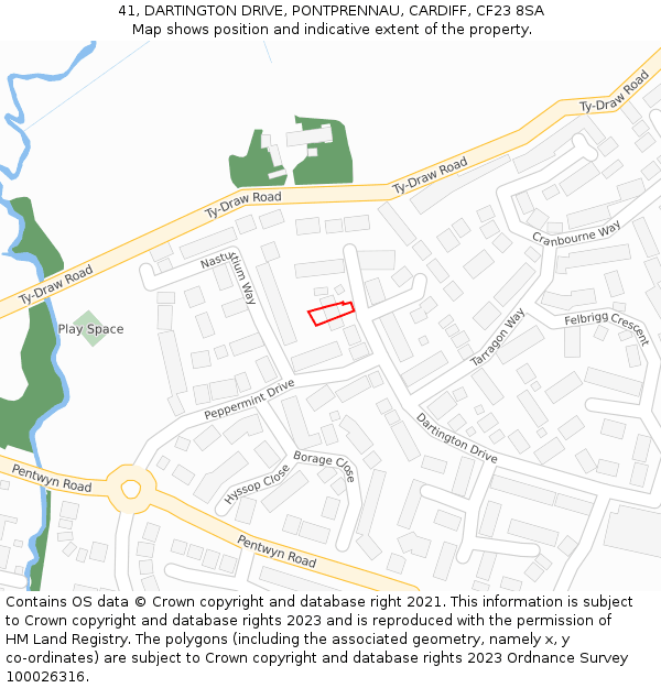 41, DARTINGTON DRIVE, PONTPRENNAU, CARDIFF, CF23 8SA: Location map and indicative extent of plot