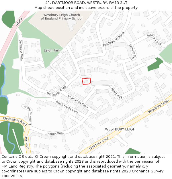 41, DARTMOOR ROAD, WESTBURY, BA13 3UT: Location map and indicative extent of plot