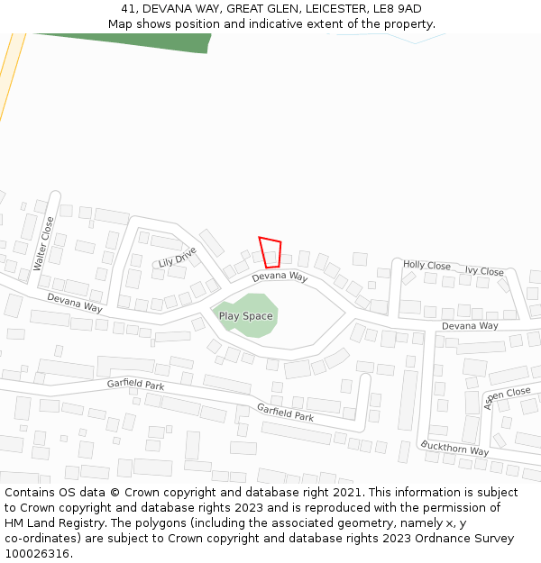 41, DEVANA WAY, GREAT GLEN, LEICESTER, LE8 9AD: Location map and indicative extent of plot