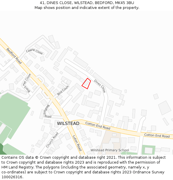 41, DINES CLOSE, WILSTEAD, BEDFORD, MK45 3BU: Location map and indicative extent of plot