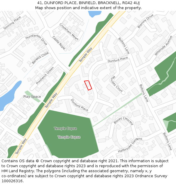 41, DUNFORD PLACE, BINFIELD, BRACKNELL, RG42 4UJ: Location map and indicative extent of plot