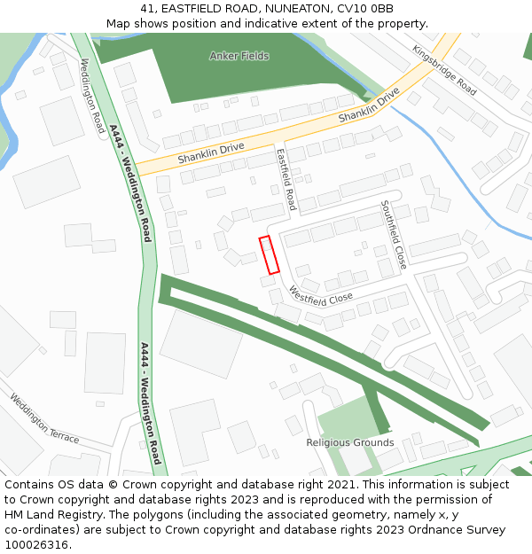 41, EASTFIELD ROAD, NUNEATON, CV10 0BB: Location map and indicative extent of plot