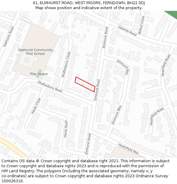 41, ELMHURST ROAD, WEST MOORS, FERNDOWN, BH22 0DJ: Location map and indicative extent of plot