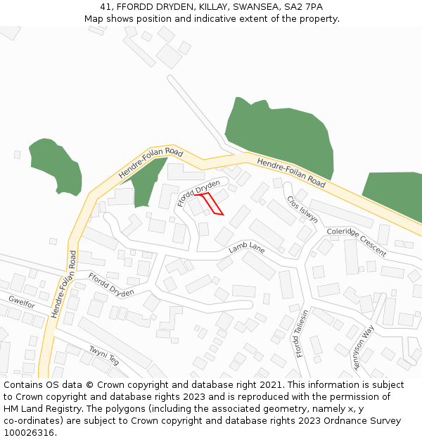 41, FFORDD DRYDEN, KILLAY, SWANSEA, SA2 7PA: Location map and indicative extent of plot