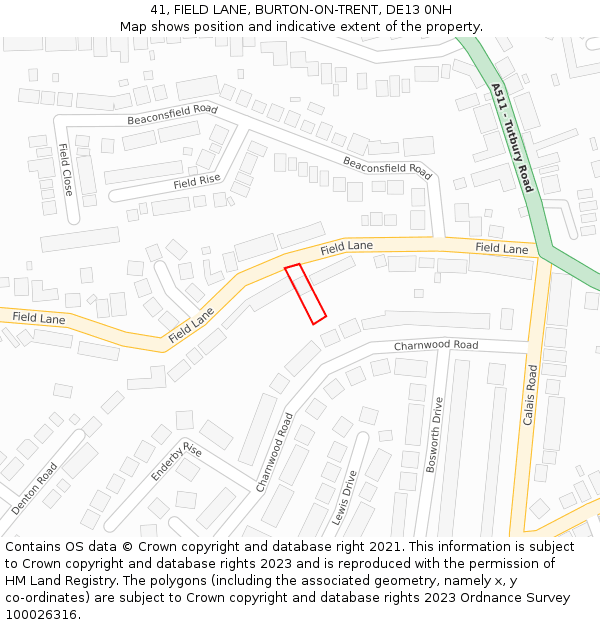 41, FIELD LANE, BURTON-ON-TRENT, DE13 0NH: Location map and indicative extent of plot