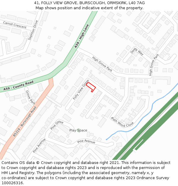 41, FOLLY VIEW GROVE, BURSCOUGH, ORMSKIRK, L40 7AG: Location map and indicative extent of plot