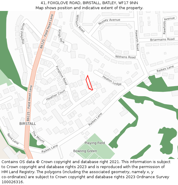 41, FOXGLOVE ROAD, BIRSTALL, BATLEY, WF17 9NN: Location map and indicative extent of plot