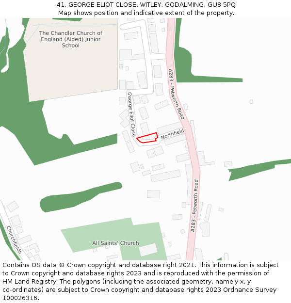 41, GEORGE ELIOT CLOSE, WITLEY, GODALMING, GU8 5PQ: Location map and indicative extent of plot