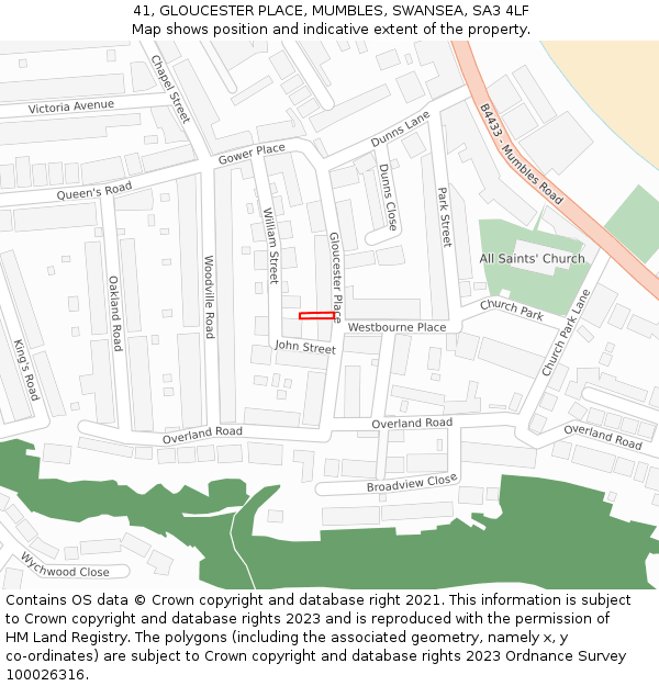 41, GLOUCESTER PLACE, MUMBLES, SWANSEA, SA3 4LF: Location map and indicative extent of plot