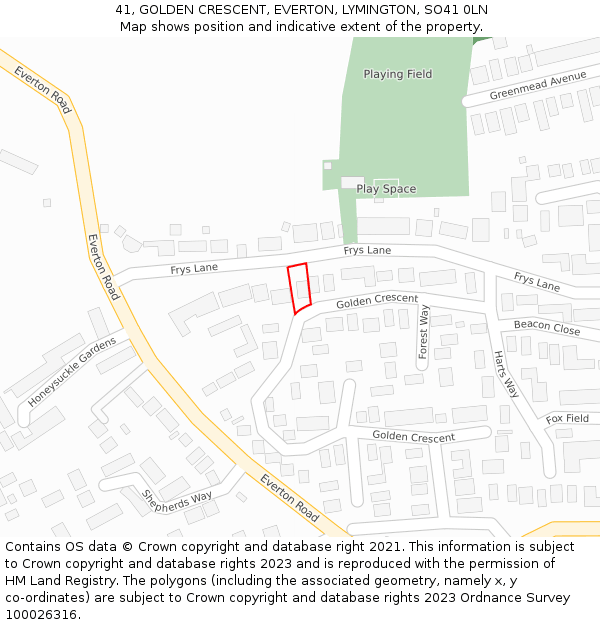 41, GOLDEN CRESCENT, EVERTON, LYMINGTON, SO41 0LN: Location map and indicative extent of plot