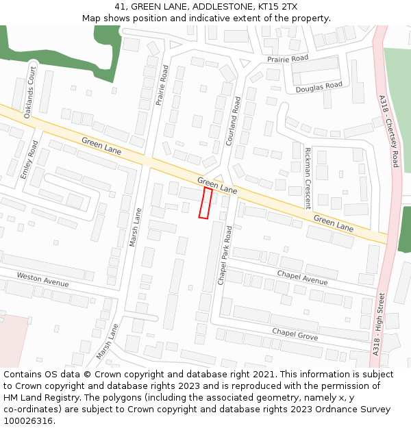 41, GREEN LANE, ADDLESTONE, KT15 2TX: Location map and indicative extent of plot