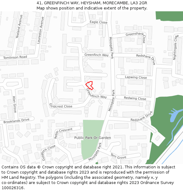 41, GREENFINCH WAY, HEYSHAM, MORECAMBE, LA3 2GR: Location map and indicative extent of plot