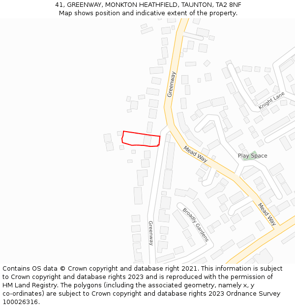 41, GREENWAY, MONKTON HEATHFIELD, TAUNTON, TA2 8NF: Location map and indicative extent of plot