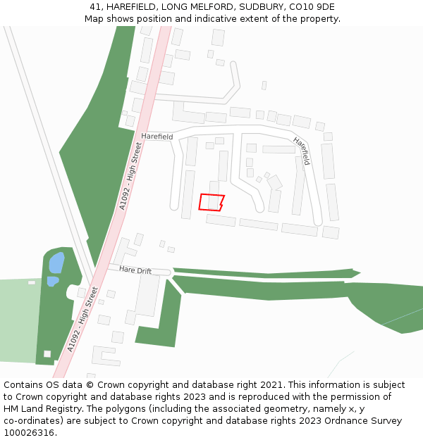 41, HAREFIELD, LONG MELFORD, SUDBURY, CO10 9DE: Location map and indicative extent of plot