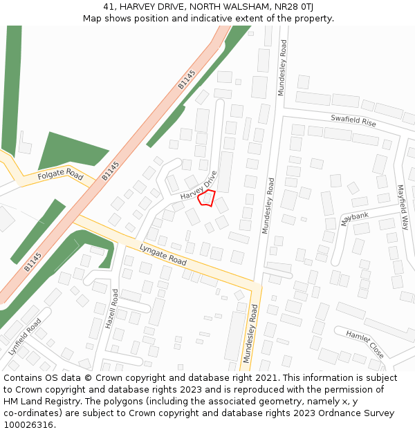 41, HARVEY DRIVE, NORTH WALSHAM, NR28 0TJ: Location map and indicative extent of plot