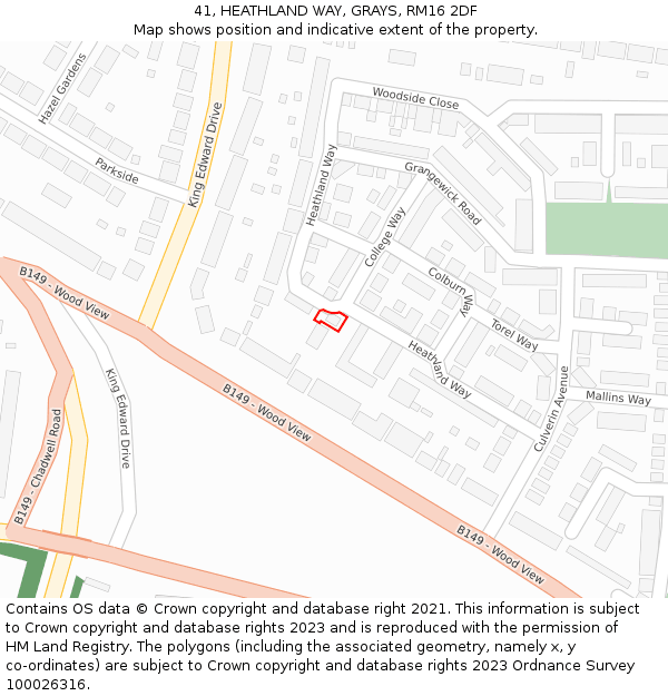41, HEATHLAND WAY, GRAYS, RM16 2DF: Location map and indicative extent of plot