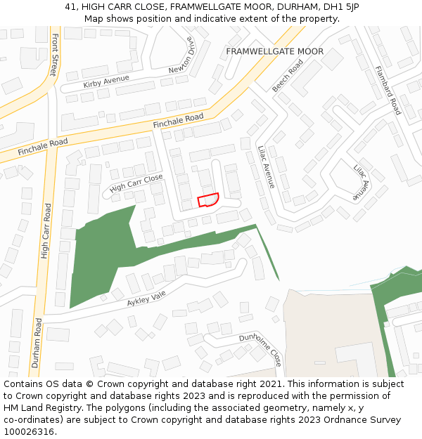 41, HIGH CARR CLOSE, FRAMWELLGATE MOOR, DURHAM, DH1 5JP: Location map and indicative extent of plot