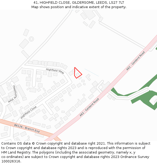 41, HIGHFIELD CLOSE, GILDERSOME, LEEDS, LS27 7LT: Location map and indicative extent of plot