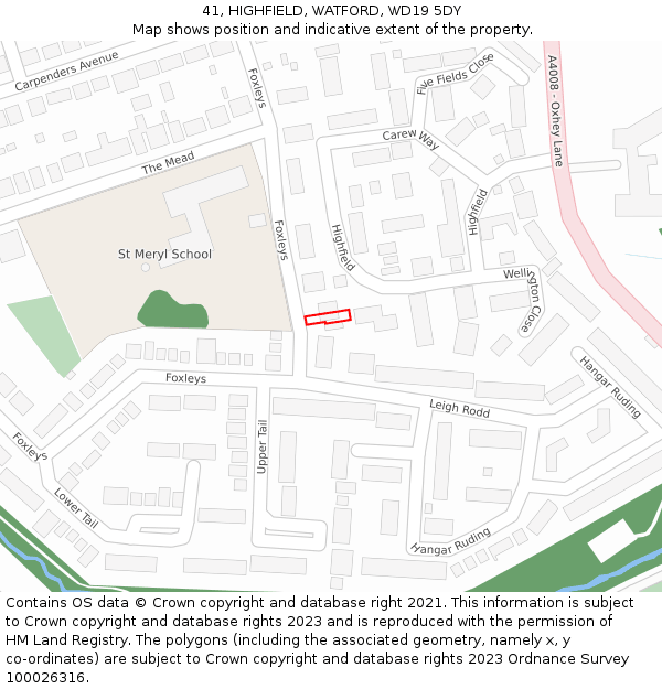 41, HIGHFIELD, WATFORD, WD19 5DY: Location map and indicative extent of plot