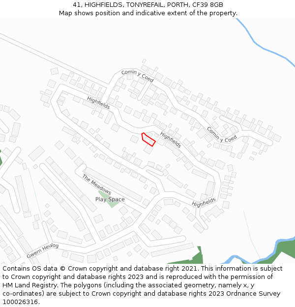 41, HIGHFIELDS, TONYREFAIL, PORTH, CF39 8GB: Location map and indicative extent of plot