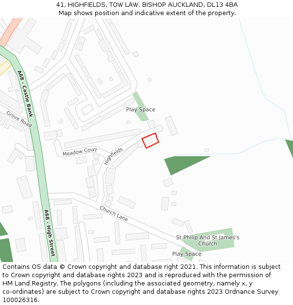 41, HIGHFIELDS, TOW LAW, BISHOP AUCKLAND, DL13 4BA: Location map and indicative extent of plot