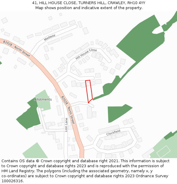 41, HILL HOUSE CLOSE, TURNERS HILL, CRAWLEY, RH10 4YY: Location map and indicative extent of plot