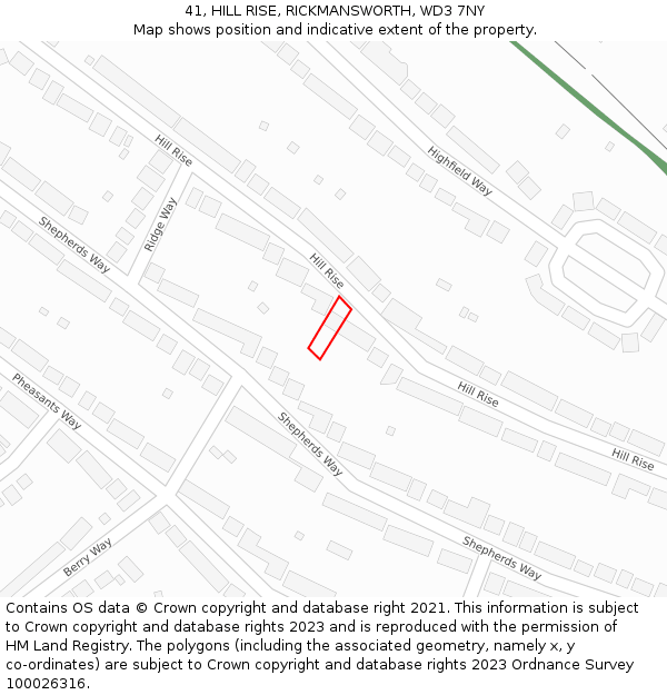 41, HILL RISE, RICKMANSWORTH, WD3 7NY: Location map and indicative extent of plot