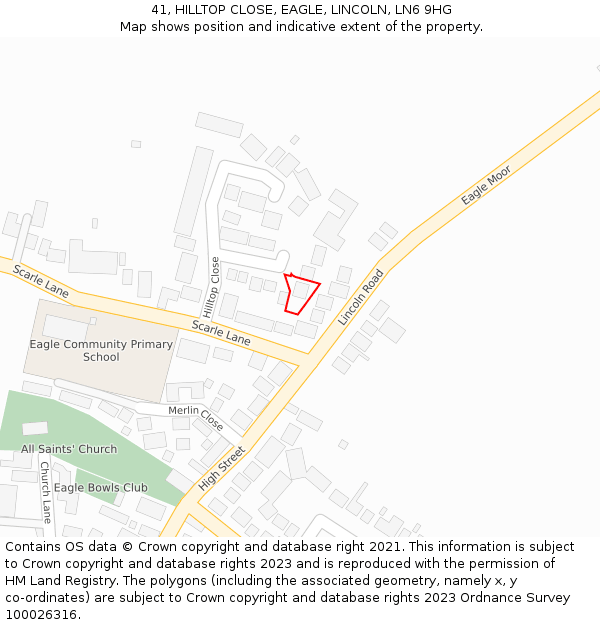 41, HILLTOP CLOSE, EAGLE, LINCOLN, LN6 9HG: Location map and indicative extent of plot