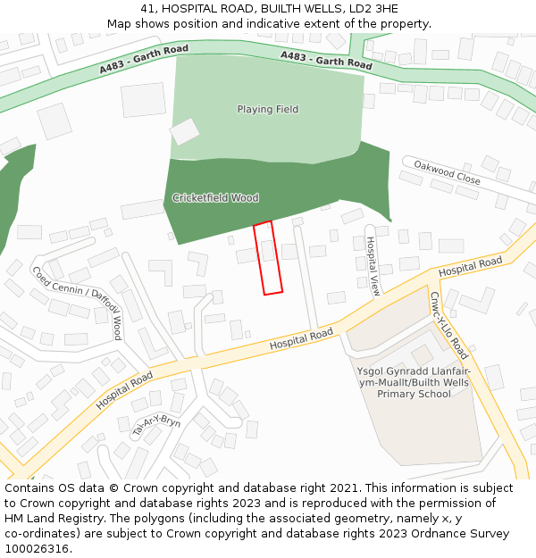 41, HOSPITAL ROAD, BUILTH WELLS, LD2 3HE: Location map and indicative extent of plot