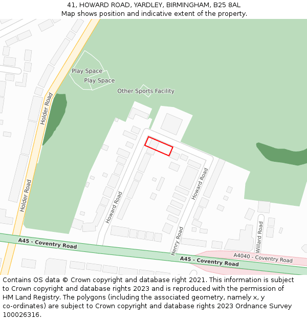 41, HOWARD ROAD, YARDLEY, BIRMINGHAM, B25 8AL: Location map and indicative extent of plot