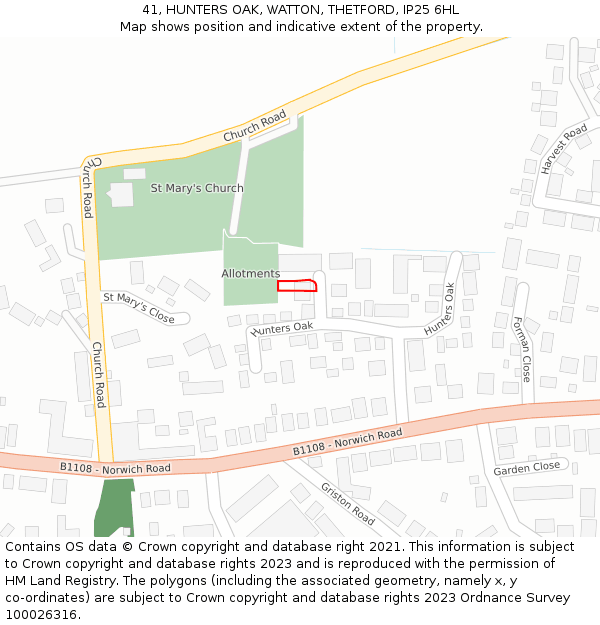 41, HUNTERS OAK, WATTON, THETFORD, IP25 6HL: Location map and indicative extent of plot