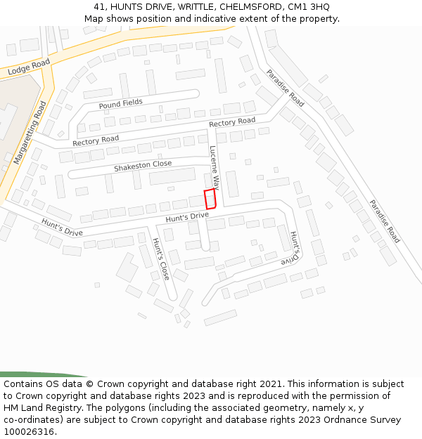 41, HUNTS DRIVE, WRITTLE, CHELMSFORD, CM1 3HQ: Location map and indicative extent of plot