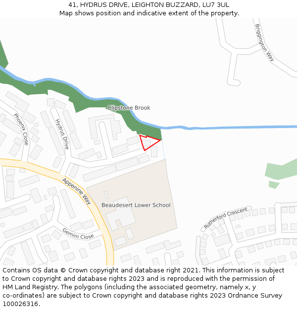 41, HYDRUS DRIVE, LEIGHTON BUZZARD, LU7 3UL: Location map and indicative extent of plot