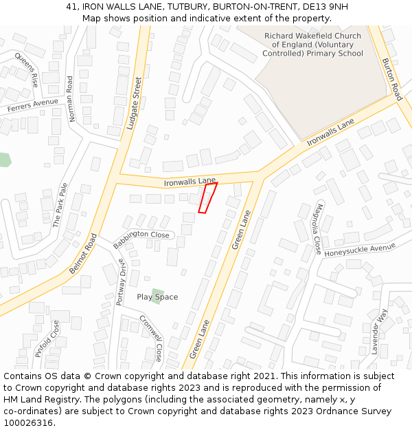 41, IRON WALLS LANE, TUTBURY, BURTON-ON-TRENT, DE13 9NH: Location map and indicative extent of plot