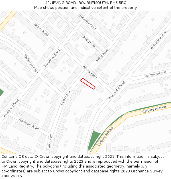 41, IRVING ROAD, BOURNEMOUTH, BH6 5BQ: Location map and indicative extent of plot