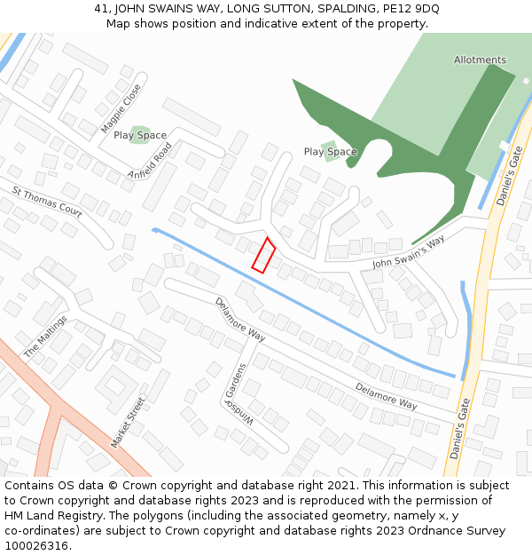 41, JOHN SWAINS WAY, LONG SUTTON, SPALDING, PE12 9DQ: Location map and indicative extent of plot